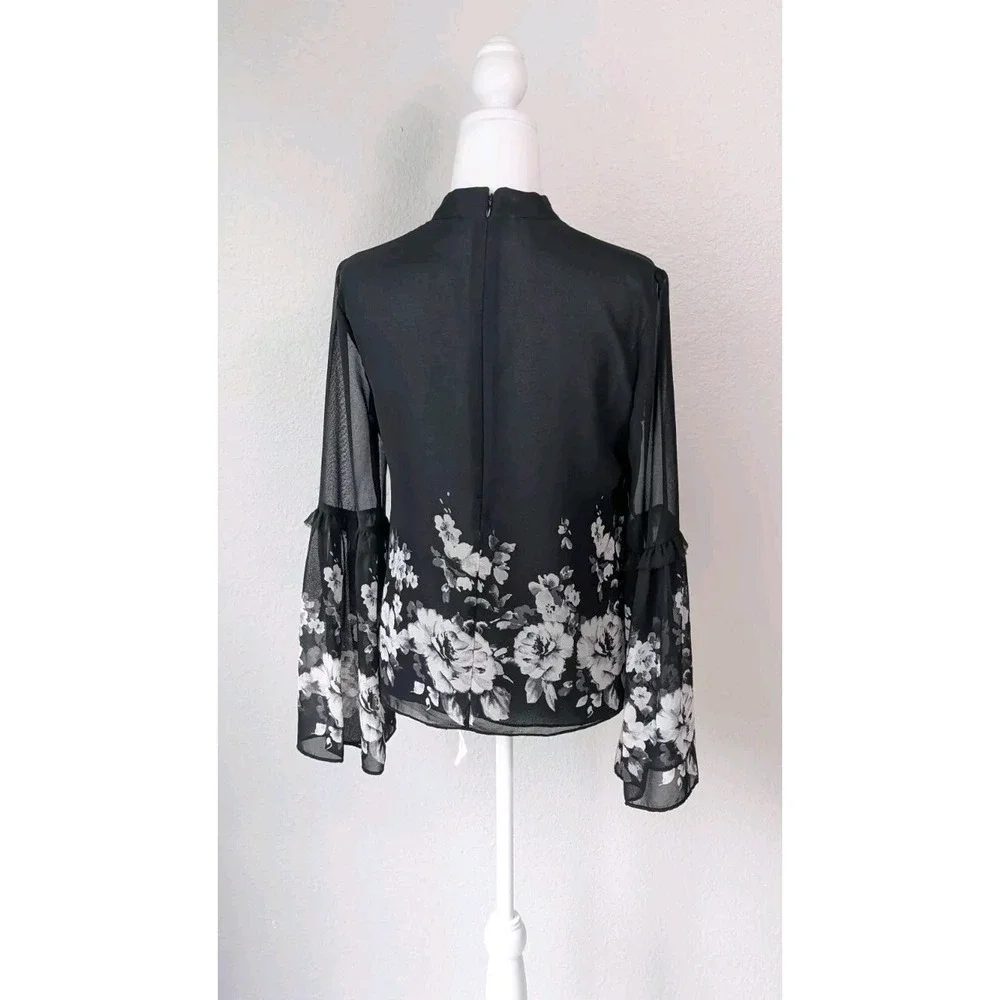 White House Black Market WHBM sz 2 Black Floral Choker Neck Blouse Top Career #6 - Picture 5 of 10